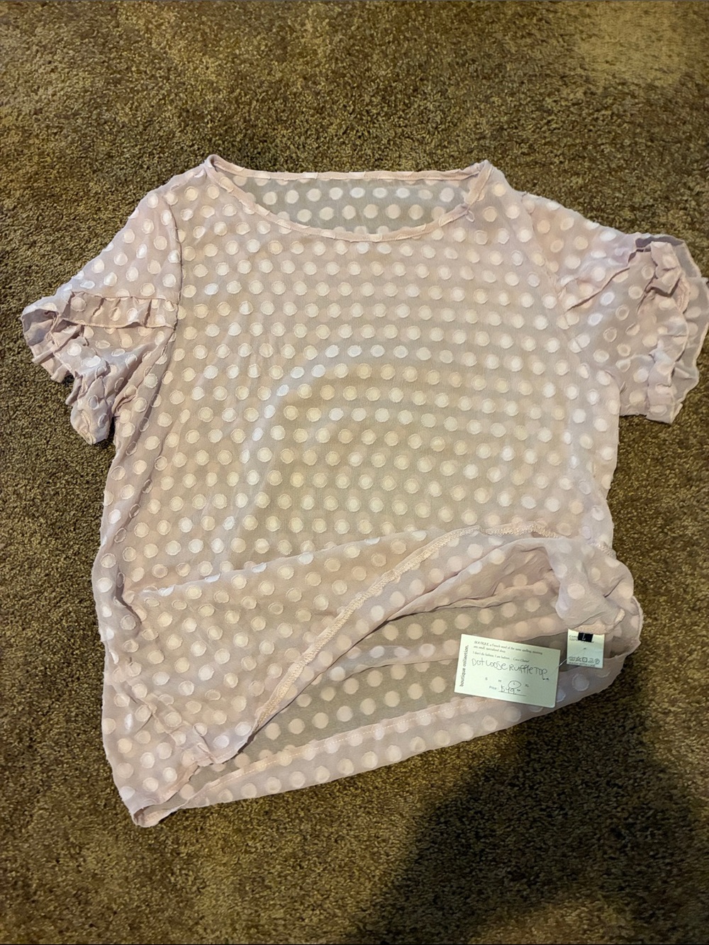 Unbranded. Light Pink Polka Dot Sheer Ruffle Top. Size L but fits like a M.  NWT